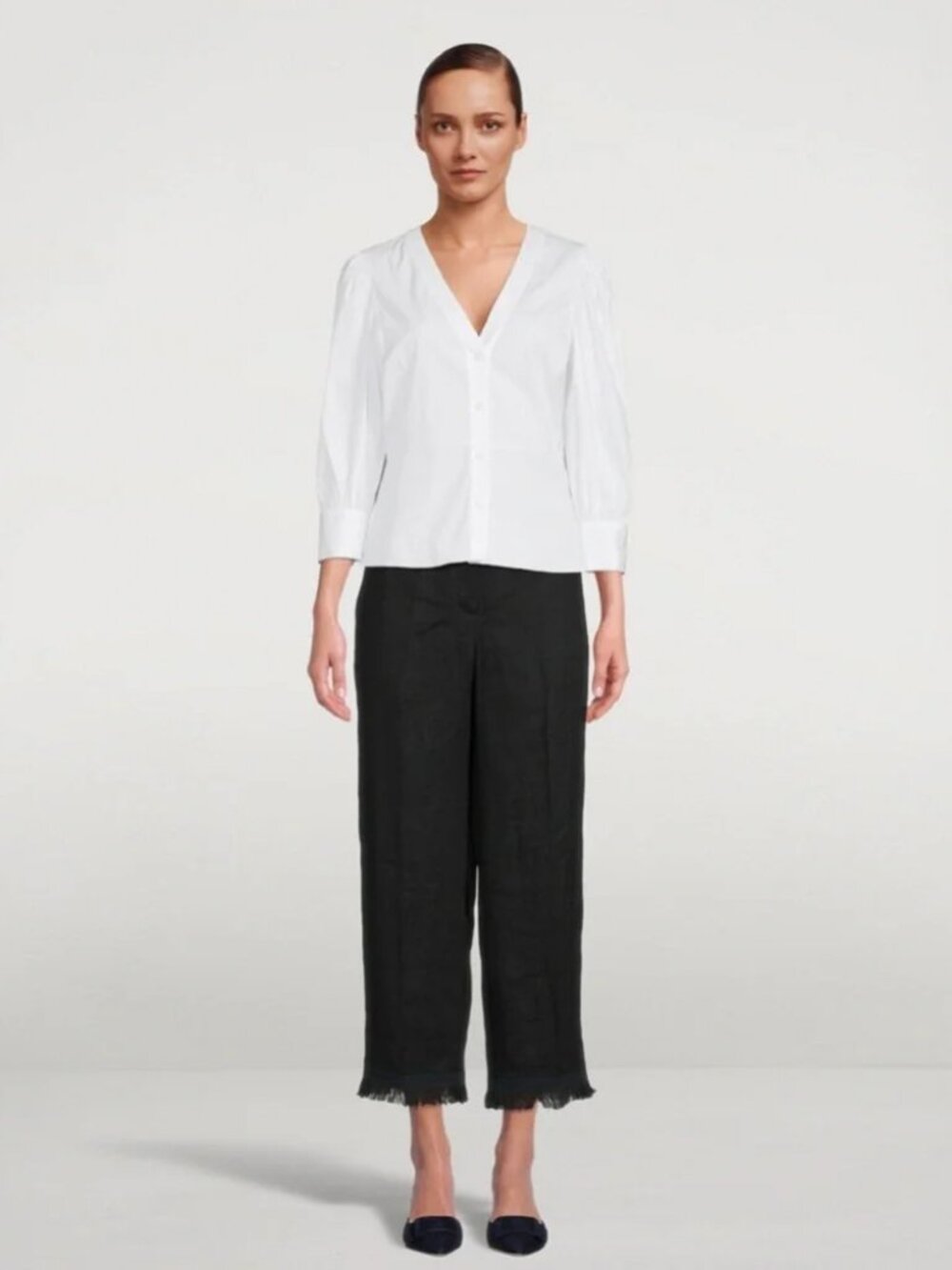 THEORY | Black Cropped Linen Pants with Fringe Hem, Size 8